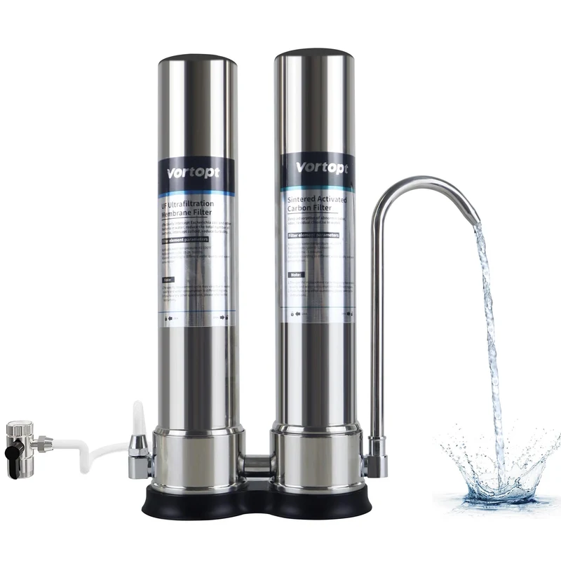 F9 countertop water filtration system utilizes dual-core filtration up to 99.99% chlorine, Vortopt
