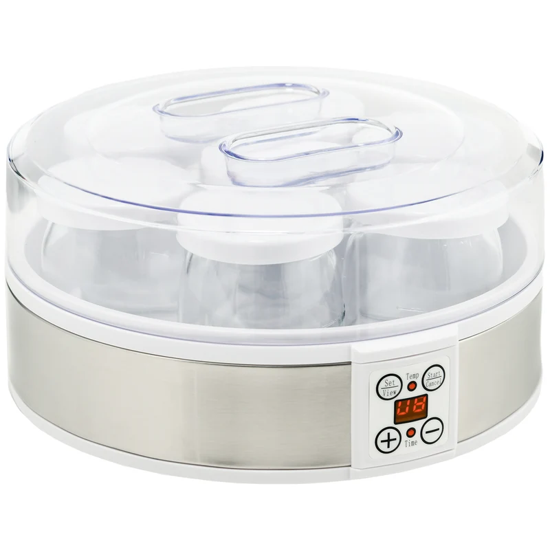 Homcom Yogurtera 20w 1,26l Con 7 Tarros De Cristal De 180 Ml 24x24x13 Cm Blanco