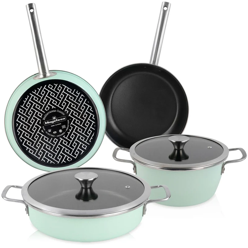 Batería Cocina Inducción 6 Piezas, Antiadherente Libre Pfoa Exterior Verde Menta Retro Vintage Magefesa Nordic, Verde