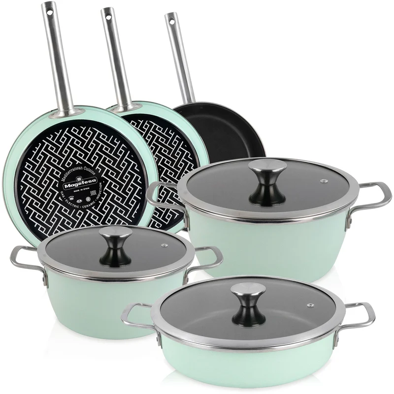Batería Cocina Inducción 9 Piezas, Antiadherente Libre Pfoa Exterior Verde Menta Retro Vintage Magefesa Nordic, Verde