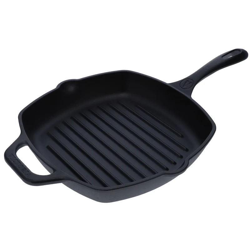 Victoria Sartén Grill Hierro Fundido Curado Inducción 25x25cm, Apta Fuego, Barbacoa, Cast Iron Skillet, 38571, Negro