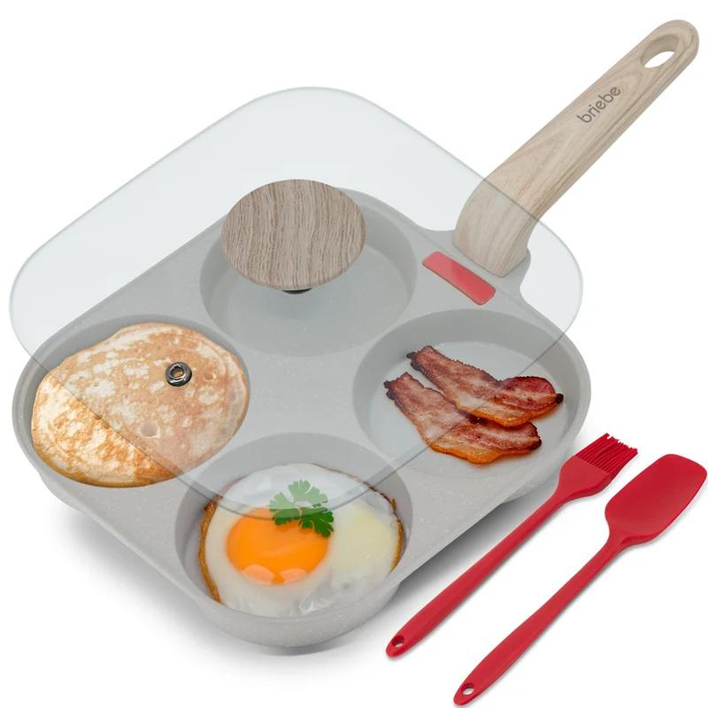 Briebe Sartén 4 Tortitas Huevos Fritos Poché, Tapa Vidrio, Aluminio Antiadherente Libre De Ptfe Y Pfoa, Fpe1176, Crema