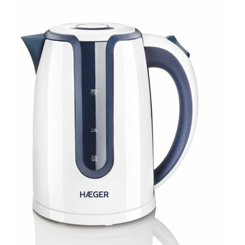 Hervidor Eléctrico De Agua Haeger Hot Blue 2200w 1.7l Sistema Sin Cables Cuerpo Y Resistencia Oculta Inox Base Rotativa 360º