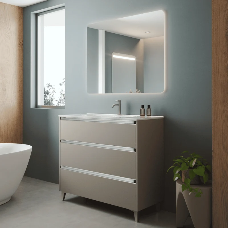 Mueble de Baño A Suelo con Lavabo Cerámico modelo Veloz| Mueble Baño con Patas 3 Cajones Con Tirador | Moka