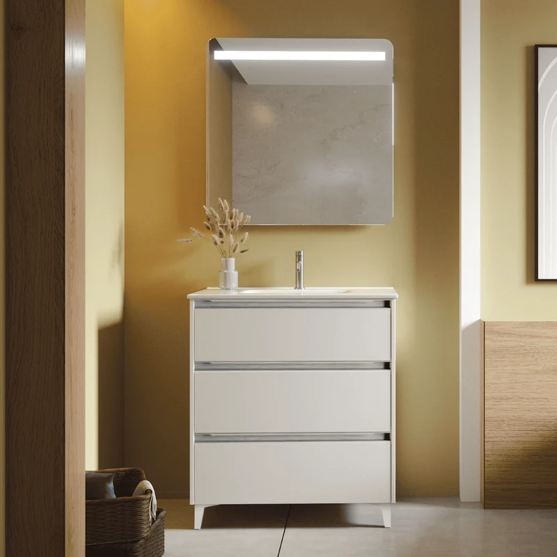 Mueble de Baño A Suelo con Lavabo Cerámico modelo Veloz| Mueble Baño con Patas 3 Cajones Con Tirador | Blanco Mate