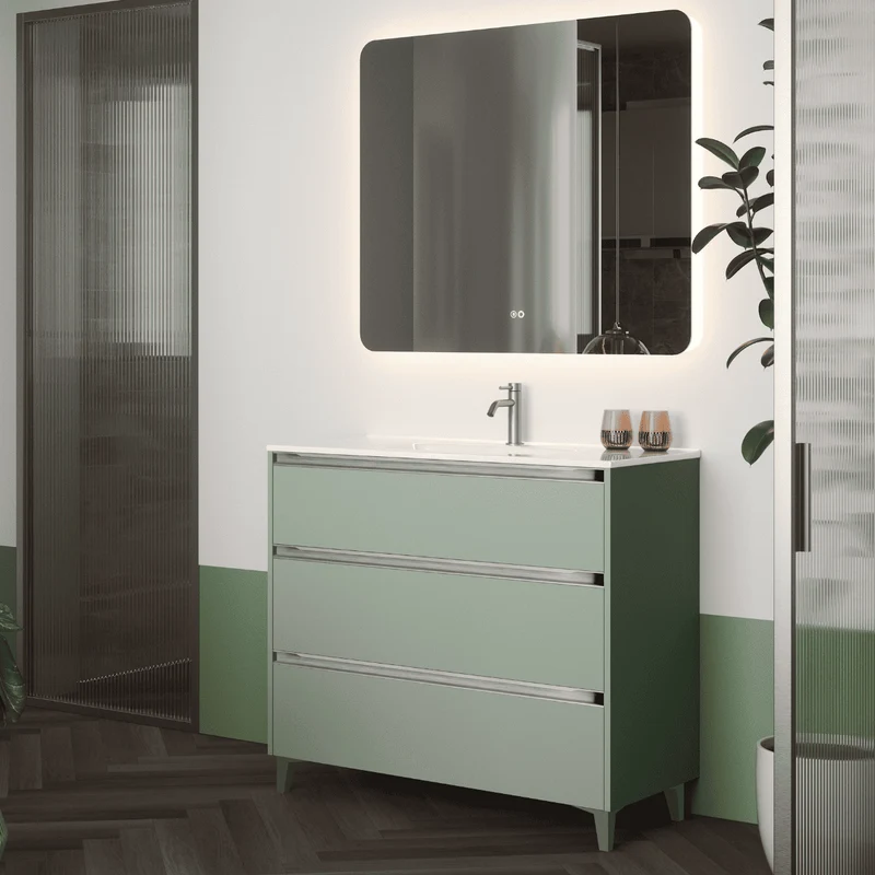 Mueble de Baño A Suelo con Lavabo Cerámico modelo Veloz| Mueble Baño con Patas 3 Cajones Con Tirador | Leaf