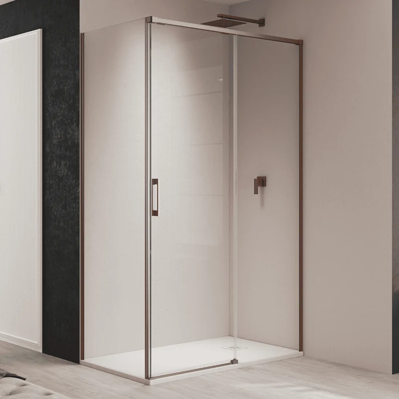 Vallance Mampara Ducha Rectangular Corredera Acceso Frontal | Vidrio Templado 6mm Antical Transparente | Perfil Cobre