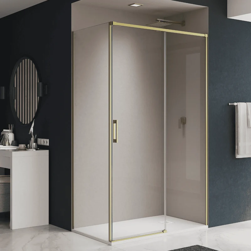 Vallance Mampara Ducha Rectangular Corredera Acceso Frontal | Vidrio Templado 6mm Antical Transparente | Perfil Oro Mate