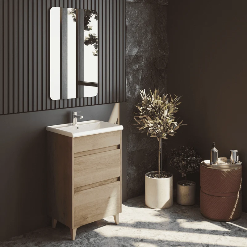 Mueble de Baño A Suelo con Lavabo Cerámico Fondo Reducido modelo Veloz | Mueble Baño con Patas 2 Cajones para Aseo | Roble Natural