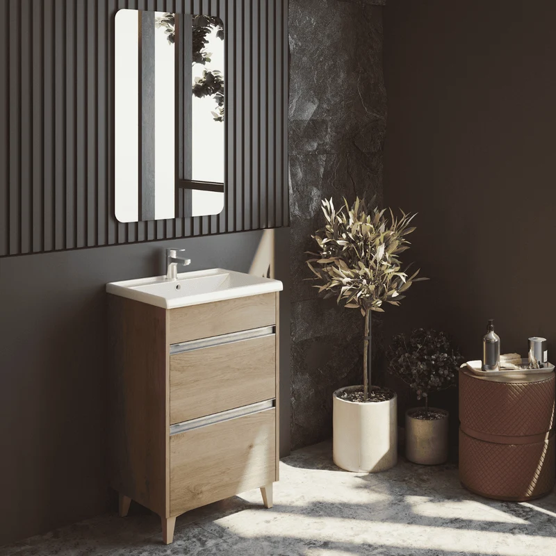 Mueble de Baño A Suelo con Lavabo Cerámico Fondo Reducido modelo Veloz | Mueble Baño con Patas 2 Cajones con Tirador para Aseo | Roble Natural
