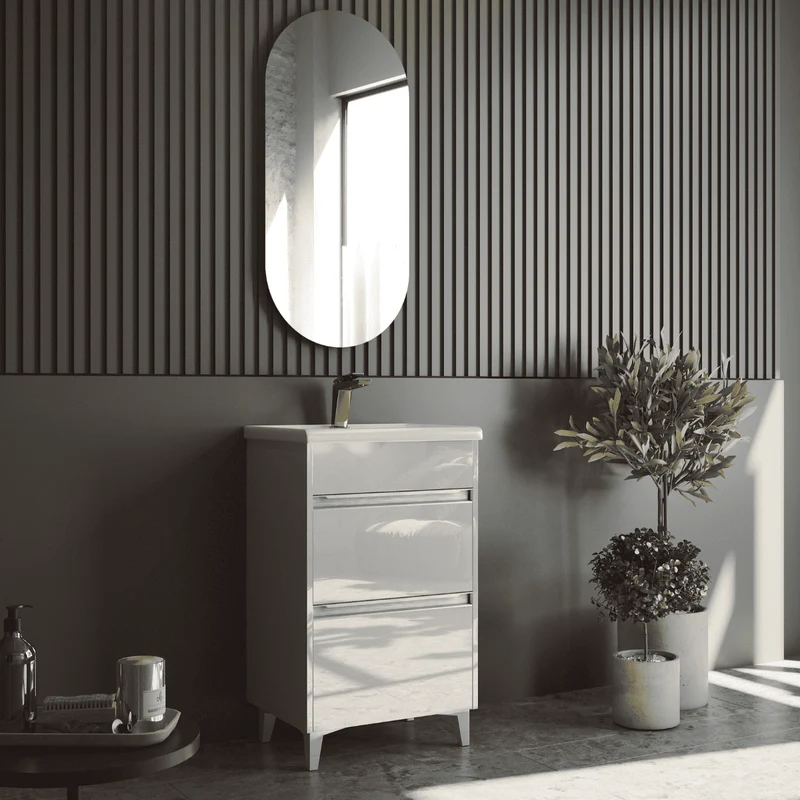 Mueble de Baño A Suelo con Lavabo Cerámico Fondo Reducido modelo Veloz | Mueble Baño con Patas 2 Cajones con Tirador para Aseo | Blanco Brillo