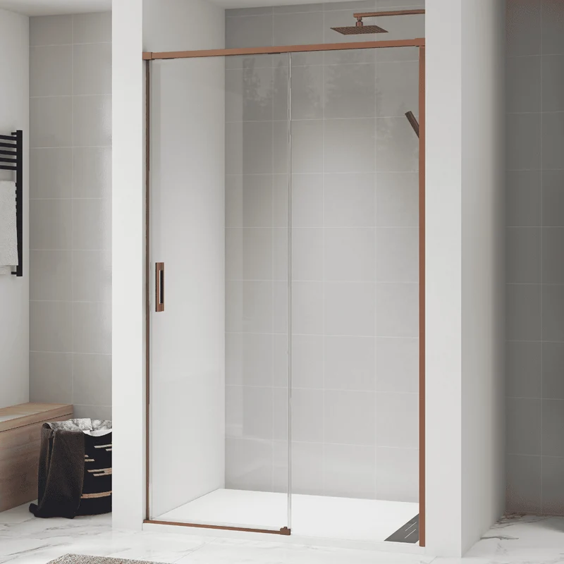Vallance Mampara Ducha Frontal 1 puerta 1 fijo Corredera | Vidrio Templado 6mm Antical Transparente | Perfil Cobre