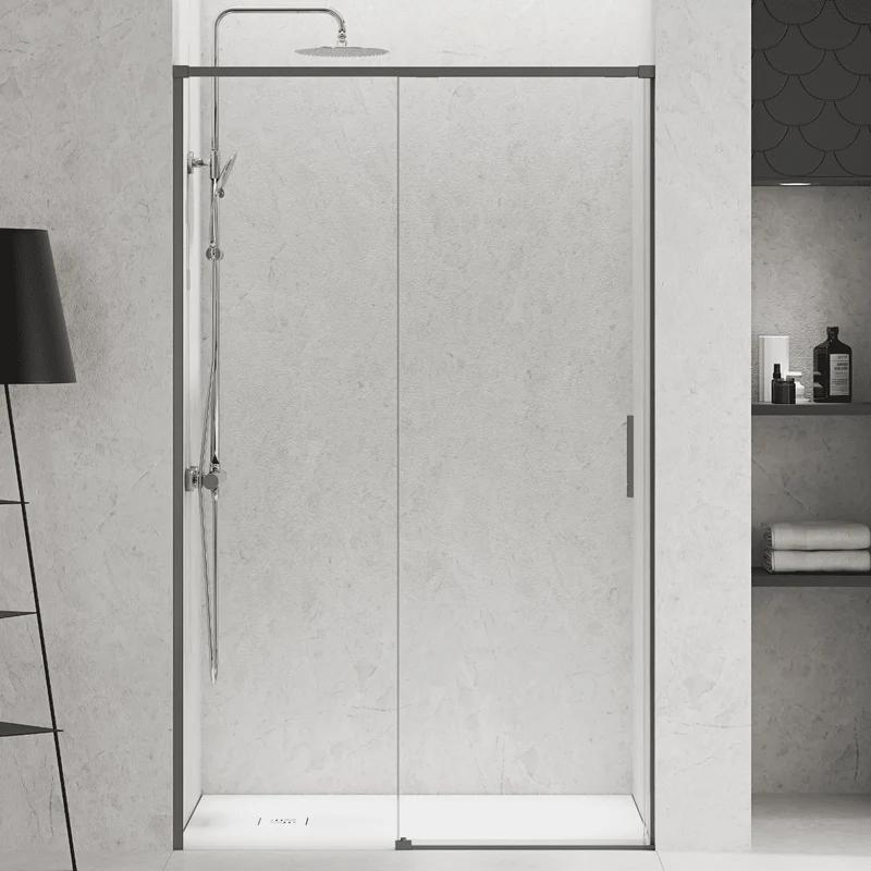 Vallance Mampara Ducha Frontal 1 puerta 1 fijo Corredera | Vidrio Templado 6mm Antical Transparente | Perfil Gun Metal