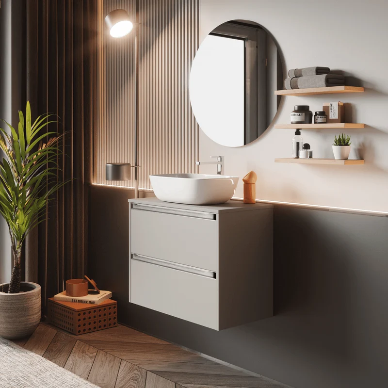 Mueble de Baño Suspendido con Lavabo Sobreponer Cerámico modelo Veloz|Mueble Volado 2 Cajones Con Tirador | Moka