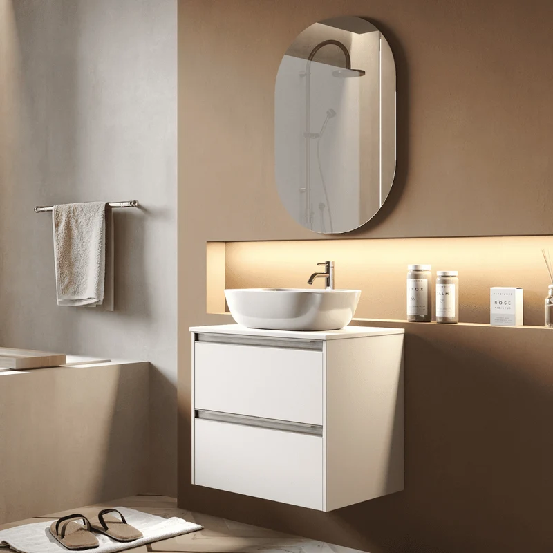 Mueble de Baño Suspendido con Lavabo Sobreponer Cerámico modelo Veloz|Mueble Volado 2 Cajones Con Tirador | Blanco Mate
