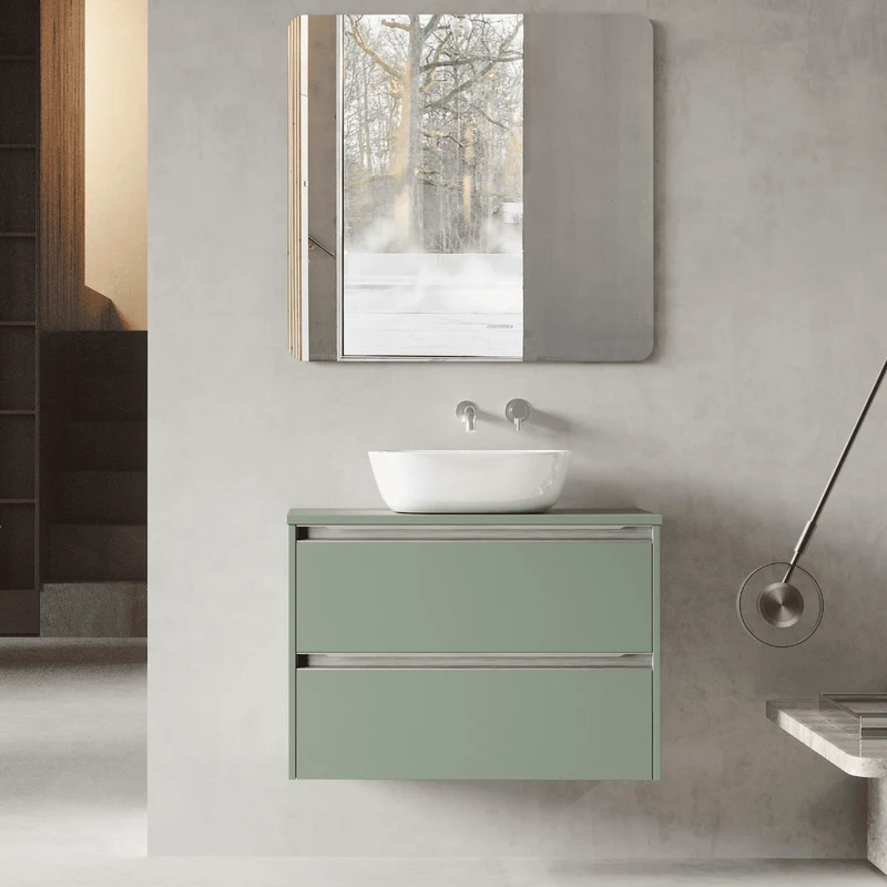 Mueble de Baño Suspendido con Lavabo Sobreponer Cerámico modelo Veloz|Mueble Volado 2 Cajones Con Tirador | Leaf