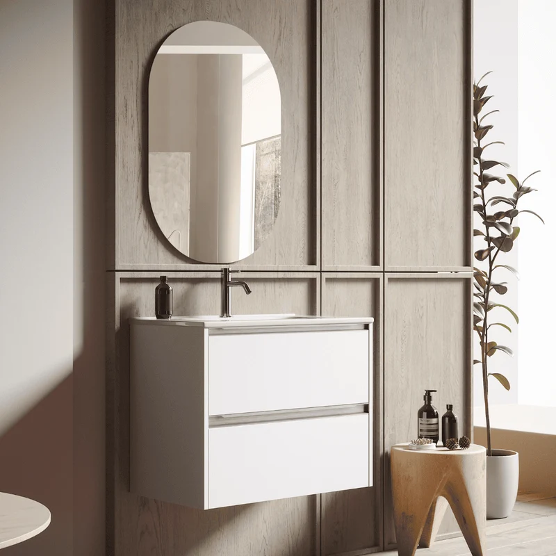 Mueble de Baño Suspendido con Lavabo Cerámico modelo Veloz| Mueble Volado 2 Cajones Con Tirador | Blanco Mate
