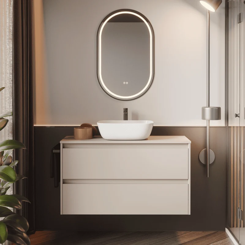 Mueble de Baño Suspendido con Lavabo Sobreponer Cerámico modelo Veloz| Mueble Volado 2 Cajones | Moka