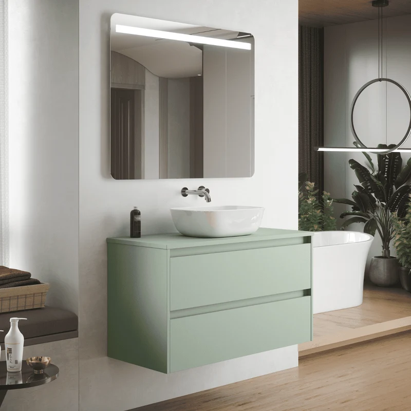 Mueble de Baño Suspendido con Lavabo Sobreponer Cerámico modelo Veloz| Mueble Volado 2 Cajones | Leaf