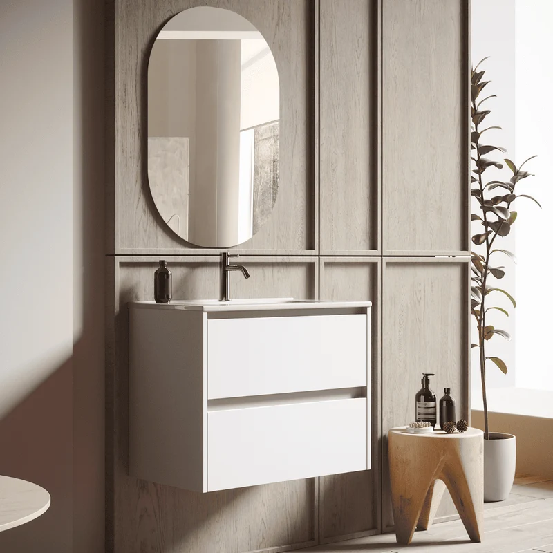 Mueble de Baño Suspendido con Lavabo Cerámico modelo Veloz| Mueble Volado 2 Cajones| Blanco Mate