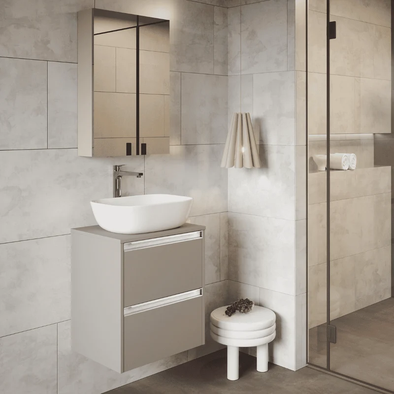 Mueble de Baño Suspendido Fondo Reducido con Lavabo Sobreponer Cerámico para Aseos modelo Veloz| Mueble Volado 2 Cajones Con Tirador| Moka
