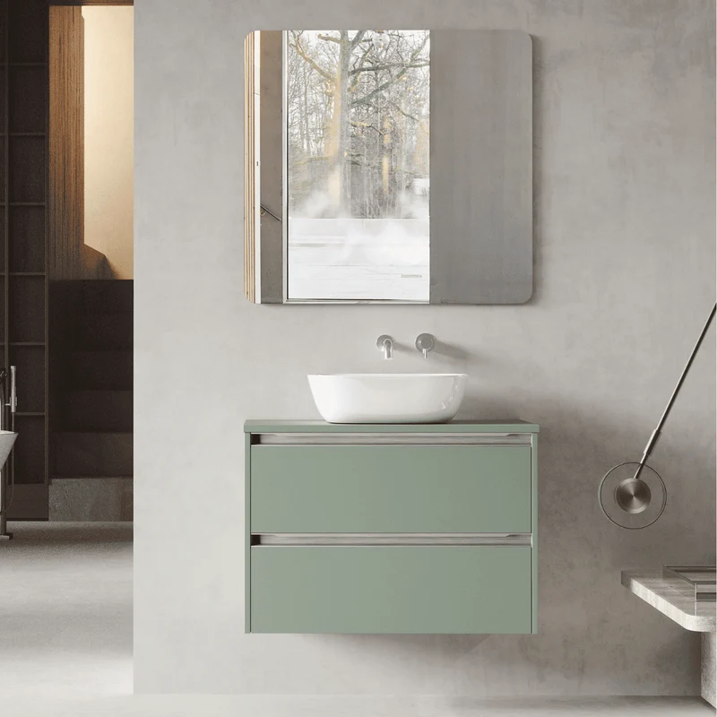 Mueble de Baño Suspendido Fondo Reducido con Lavabo Sobreponer Cerámico para Aseos modelo Veloz| Mueble Volado 2 Cajones Con Tirador| Leaf