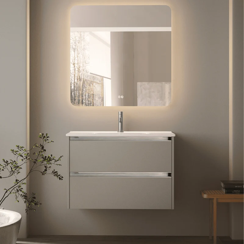Mueble de Baño Suspendido Fondo Reducido con Lavabo Cerámico para Aseos modelo Veloz| Mueble Volado 2 Cajones Con Tirador | Moka