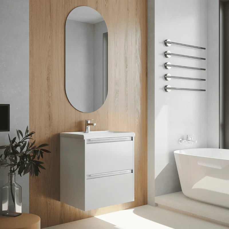 Mueble de Baño Suspendido Fondo Reducido con Lavabo Cerámico para Aseos modelo Veloz| Mueble Volado 2 Cajones Con Tirador | Blanco mate