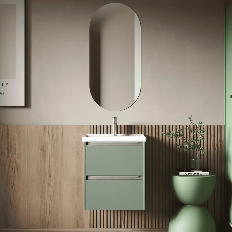 Mueble de Baño Suspendido Fondo Reducido con Lavabo Cerámico para Aseos modelo Veloz| Mueble Volado 2 Cajones Con Tirador | Leaf