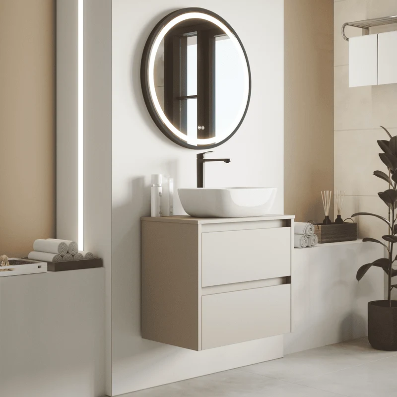 Mueble de Baño Suspendido Fondo Reducido con Lavabo Sobreponer Cerámico para Aseos modelo Veloz| Mueble Volado 2 Cajones | Moka