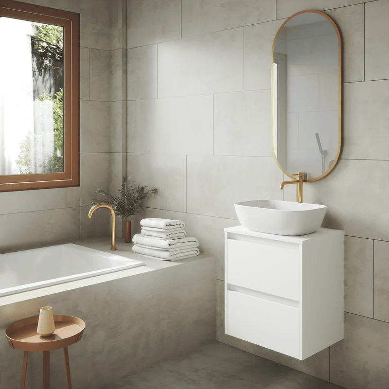 Mueble de Baño Suspendido Fondo Reducido con Lavabo Sobreponer Cerámico para Aseos modelo Veloz| Mueble Volado 2 Cajones | Blanco Mate