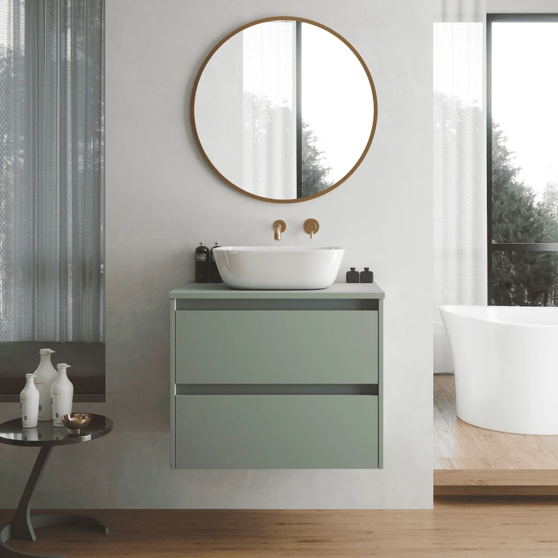 Mueble de Baño Suspendido Fondo Reducido con Lavabo Sobreponer Cerámico para Aseos modelo Veloz| Mueble Volado 2 Cajones | Leaf