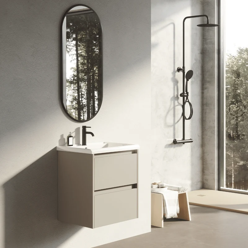 Mueble de Baño Suspendido Fondo Reducido con Lavabo Cerámico modelo Veloz| Mueble Volado 2 Cajones | Moka