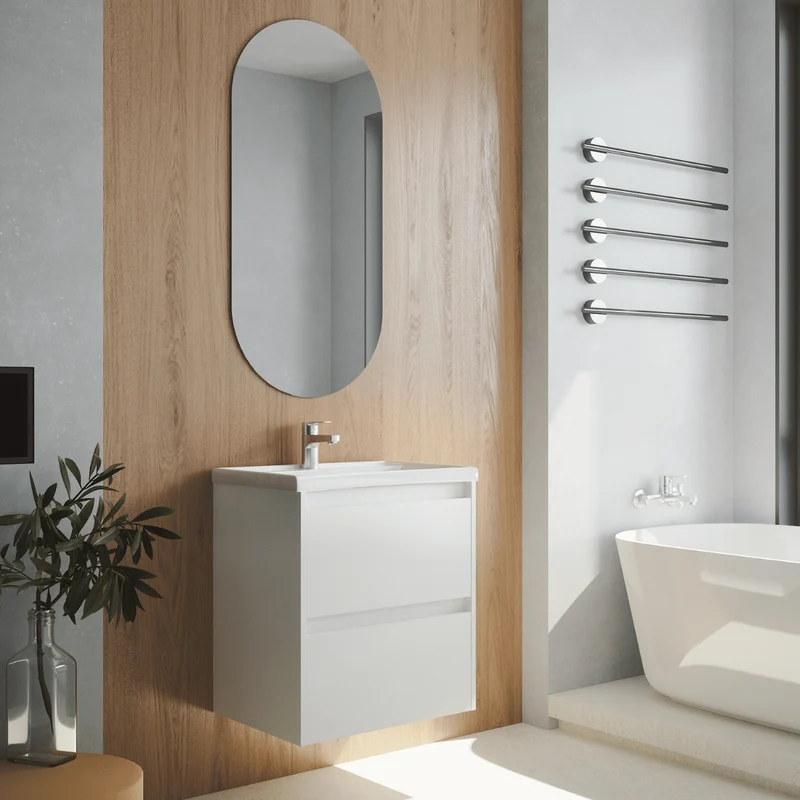 Mueble de Baño Suspendido Fondo Reducido con Lavabo Cerámico modelo Veloz| Mueble Volado 2 Cajones | Blanco Mate