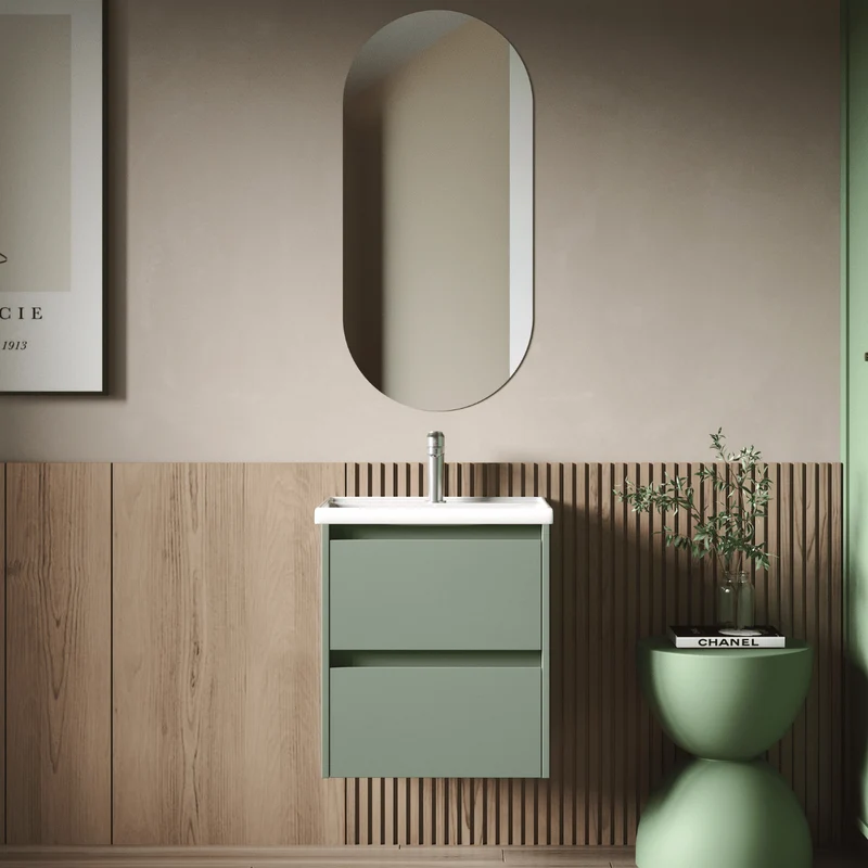Mueble de Baño Suspendido Fondo Reducido con Lavabo Cerámico modelo Veloz| Mueble Volado 2 Cajones | Leaf
