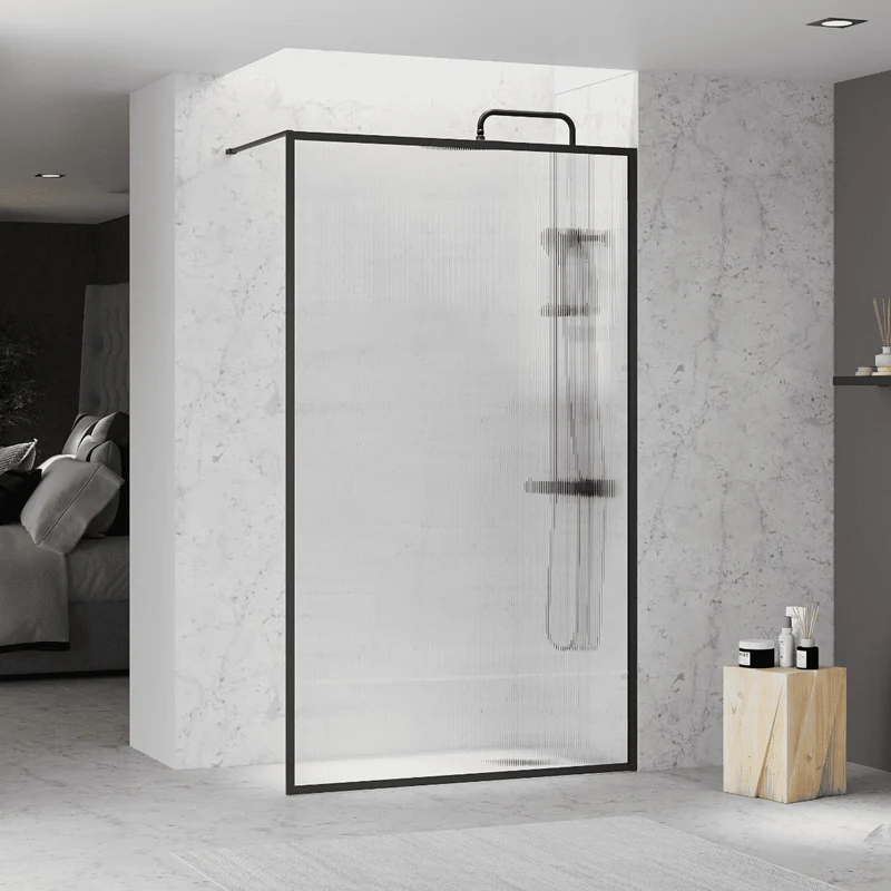 Mampara Ducha Fija Acanalado | Panel Fijo Ducha Vidrio Acanalado 8mm Antical y 195cm de Altura| Mampara Walk In Enmarcada Perfil Negro