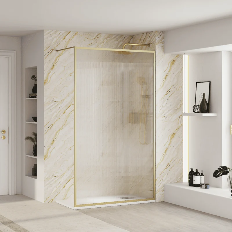 Mampara Ducha Fija Acanalado | Panel Fijo Ducha Vidrio Acanalado 8mm Antical y 195cm de Altura| Mampara Walk In Enmarcada Perfil Oro