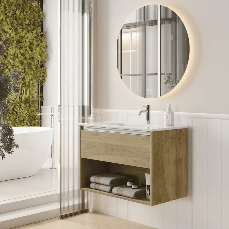 Mueble de Baño Suspendido con Lavabo Cerámico modelo Veloz| Mueble Volado 1 Cajón y 1 Hueco con Tirador | Roble Natural