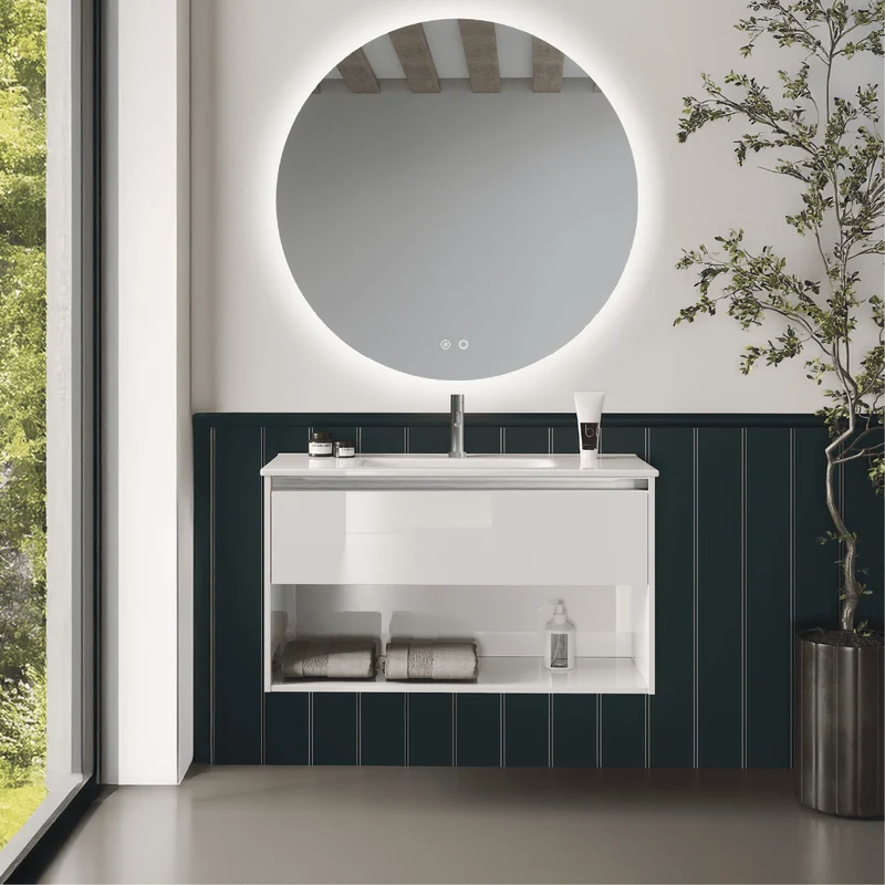 Mueble de Baño Suspendido con Lavabo Cerámico modelo Veloz| Mueble Volado 1 Cajón y 1 Hueco con Tirador | Blanco Brillo
