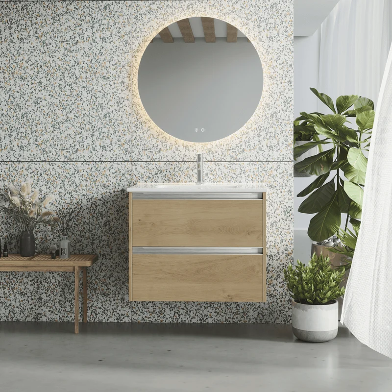 Mueble de Baño Suspendido con Lavabo Cerámico modelo Veloz| Mueble Volado 2 Cajones Con Tirador | Roble Natural