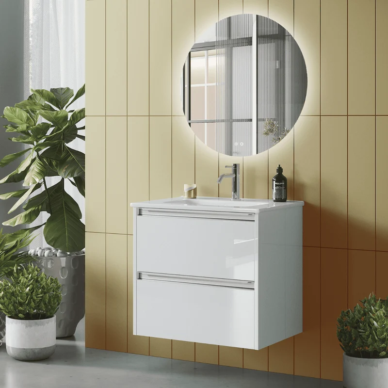 Mueble de Baño Suspendido con Lavabo Cerámico modelo Veloz| Mueble Volado 2 Cajones Con Tirador | Blanco Brillo