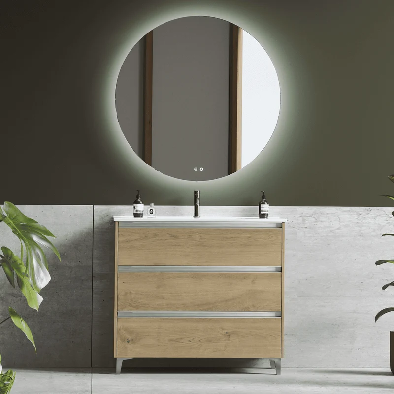 Mueble de Baño A Suelo con Lavabo Cerámico modelo Veloz| Mueble Baño con Patas 3 Cajones Con Tirador | Roble Natural