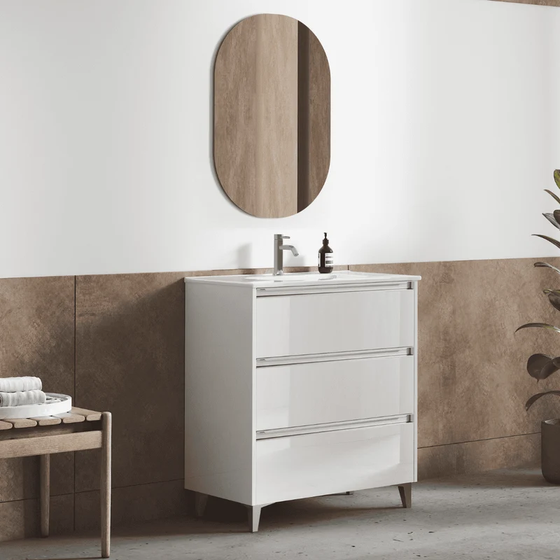 Mueble de Baño A Suelo con Lavabo Cerámico modelo Veloz| Mueble Baño con Patas 3 Cajones Con Tirador | Blanco Brillo