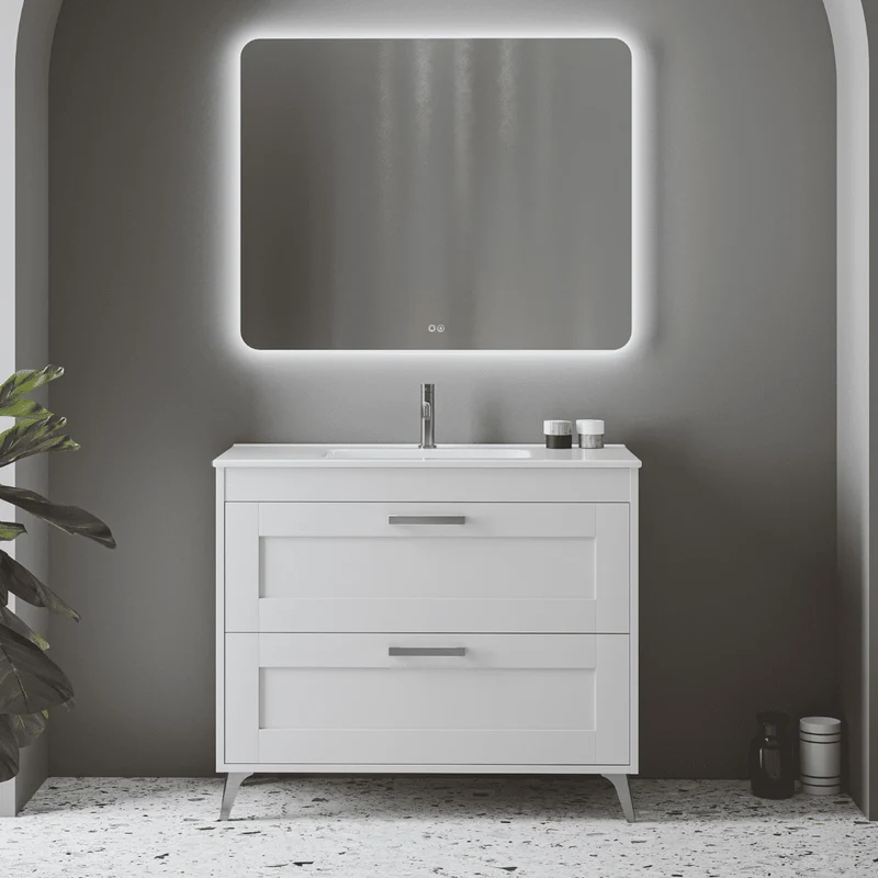Mueble de Baño A Suelo con Lavabo Cerámico modelo Selene | Mueble Baño con Patas 2 Cajones Con Tirador | Blanco Mate