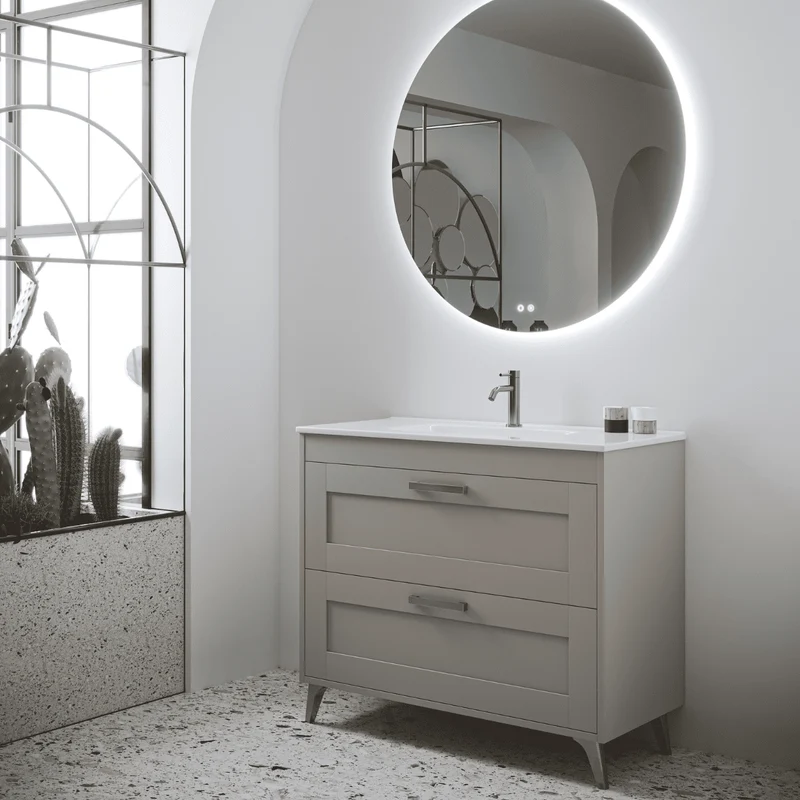 Mueble de Baño A Suelo con Lavabo Cerámico modelo Selene | Mueble Baño con Patas 2 Cajones Con Tirador | Moka Mate