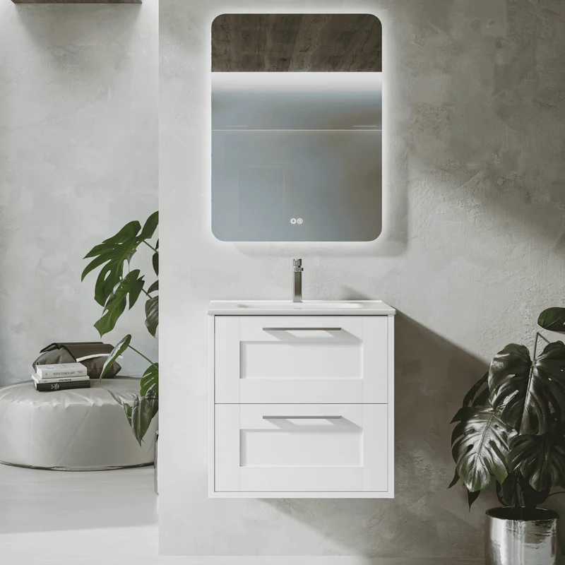 Mueble de Baño Suspendido con Lavabo Cerámico modelo Ellen | Mueble Volado 2 Cajones Con Tirador | Blanco Mate