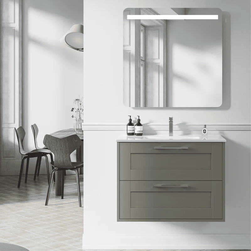 Mueble de Baño Suspendido con Lavabo Cerámico modelo Ellen | Mueble Volado 2 Cajones Con Tirador | Moka Mate