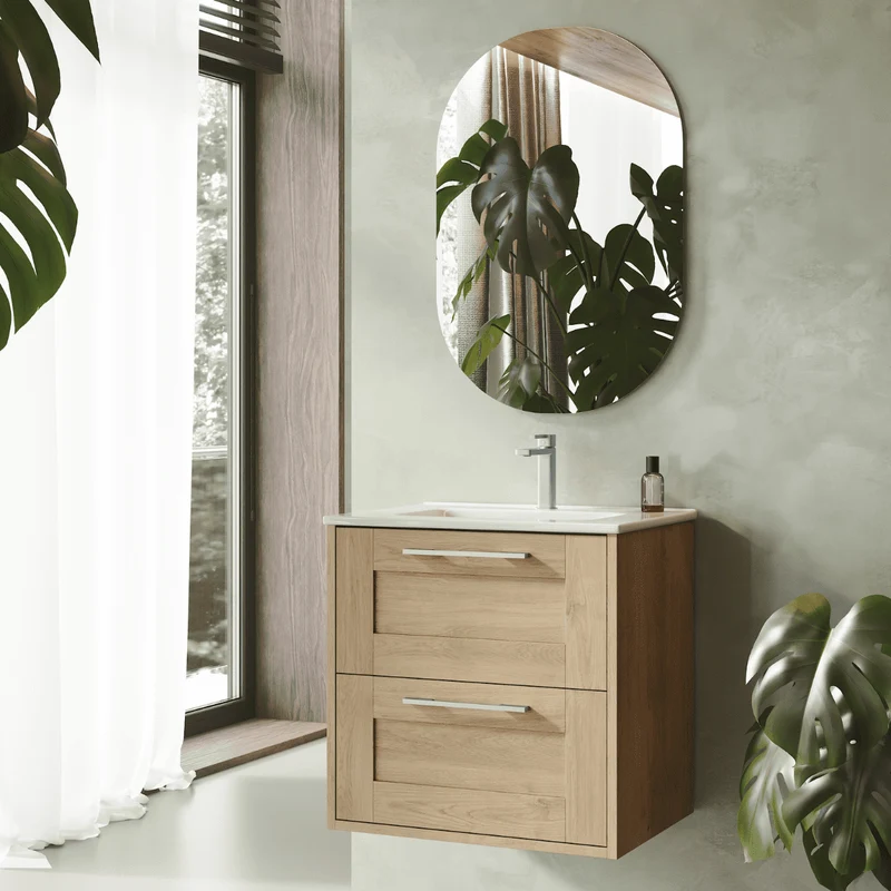 Mueble de Baño Suspendido con Lavabo Cerámico modelo Ellen | Mueble Volado 2 Cajones Con Tirador | Roble Natural