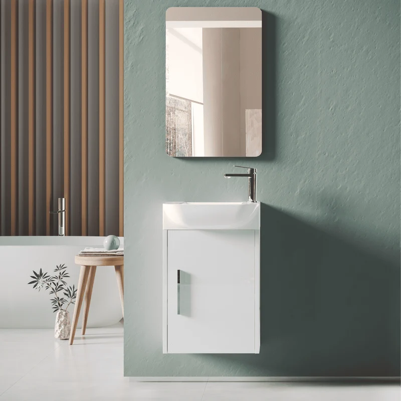 Mueble de Baño Suspendido Fondo Reducido con Lavabo Cerámico para Aseos modelo Verzo | Mueble Volado 1 Puerta Con Tirador | Blanco Brillo