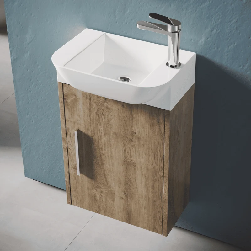 Mueble de Baño Suspendido Fondo Reducido con Lavabo Cerámico para Aseos modelo Verzo | Mueble Volado 1 Puerta Con Tirador | Roble Natural